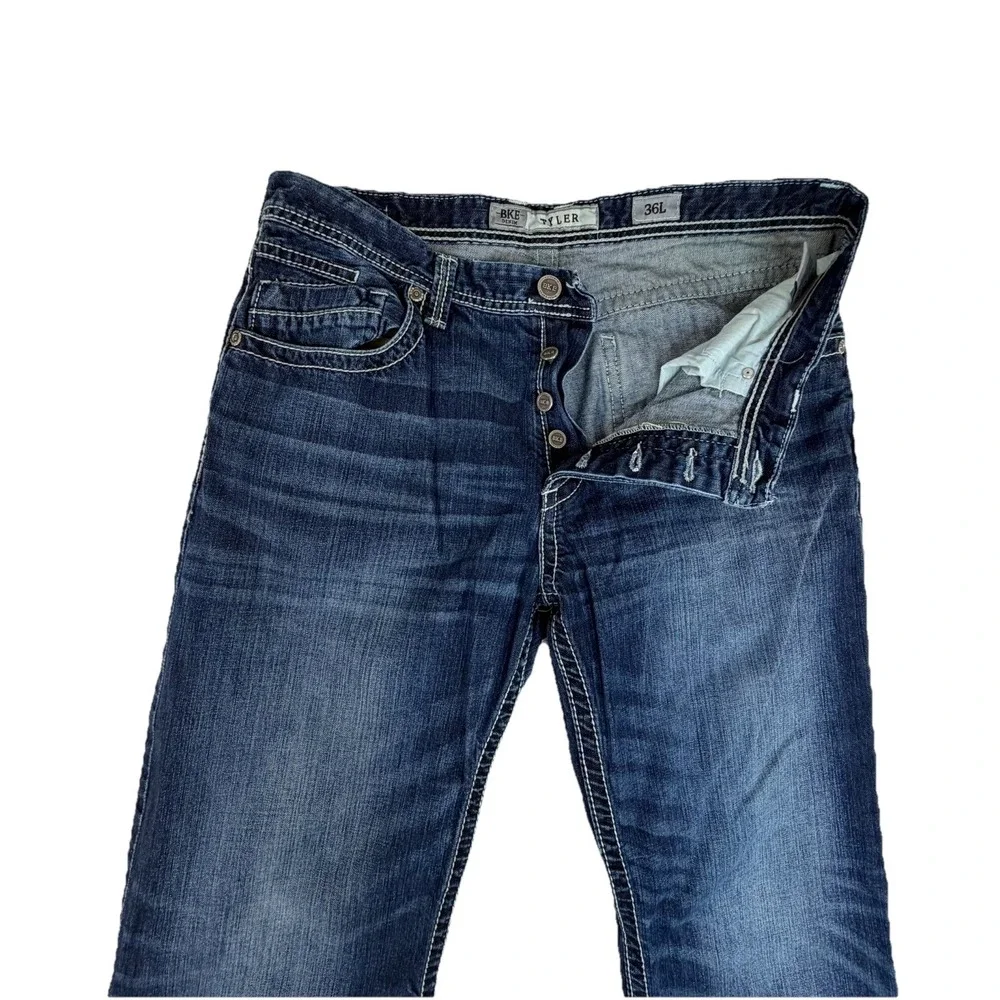 BKE Tyler Men's Jeans Men's Button Fly Jeans Sz 36L 36x33.5 Whiskering Fade‎